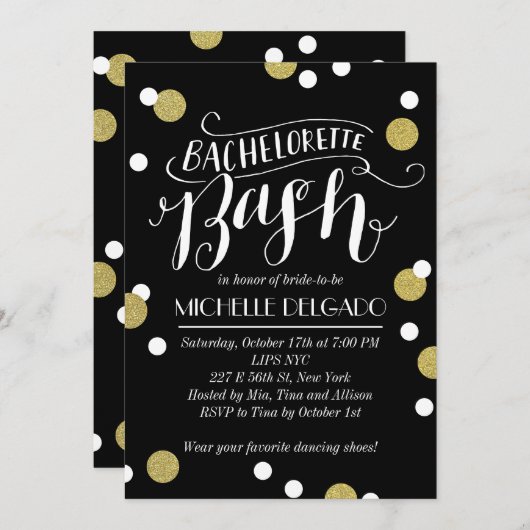 Invitation Gold Confetti Bash | Bachelorette (Devant / Derrière)