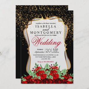 Invitation Gold Confetti, Black and Red Floral Mariage