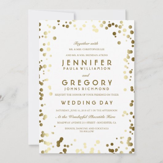 Invitation Gold Confetti Blanc Moderne et élégant mariage (Devant)