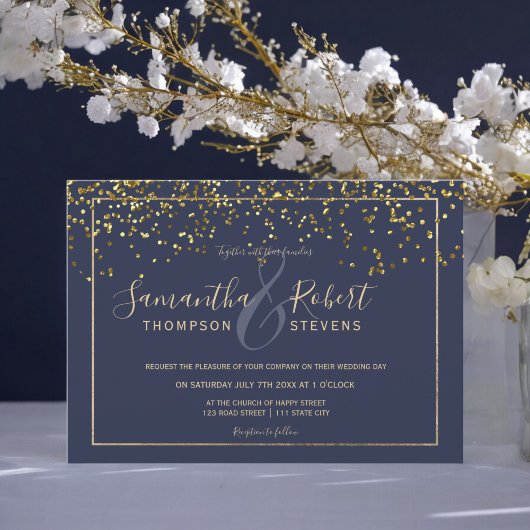 Invitation Gold confetti bleu marine script chic mariage mode