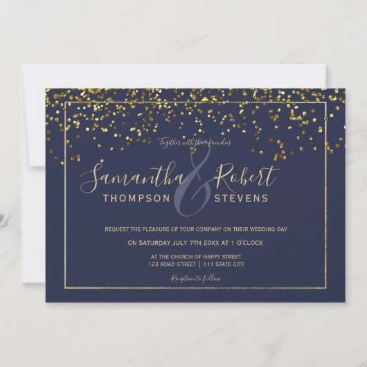 Invitation Gold confetti bleu marine script chic mariage mode (Devant)