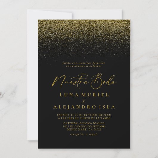 Invitation Gold Confetti Boho Noir Nuestra Boda Mariage (Devant)