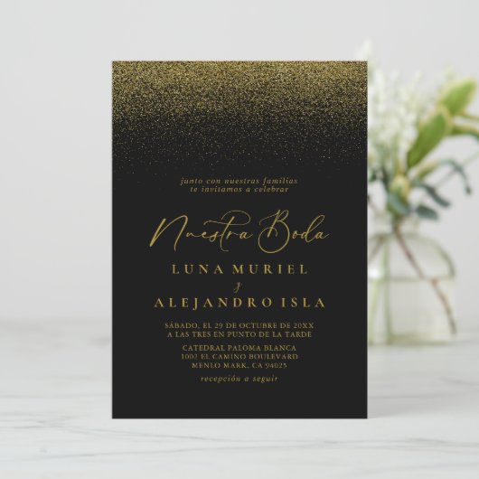 Invitation Gold Confetti Boho Noir Nuestra Boda Mariage (Debout devant)