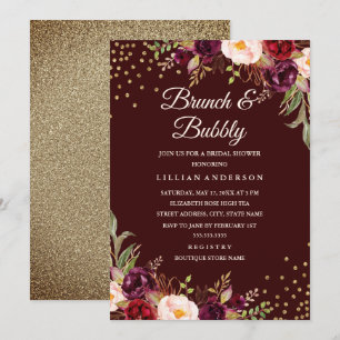 Invitation Gold Confetti Bourgogne Brunch floral et Bubbly
