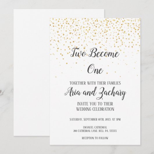 Invitation Gold Confetti Calligraphie Deux Deviennent Un Mari (Devant / Derrière)