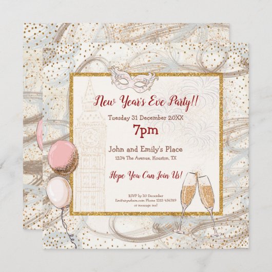 Invitation Gold Confetti Champagne Glam (Devant / Derrière)