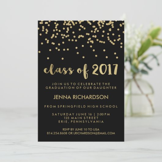 Invitation Gold Confetti Class of 2017 Graduation Party Black (Debout devant)