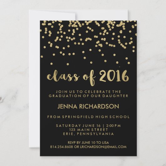 Invitation Gold Confetti Classe de 2016 Graduation Party Blac (Devant)
