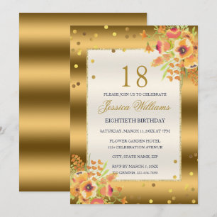 Invitation Gold Confetti & Corner Flowers 18e anniversaire