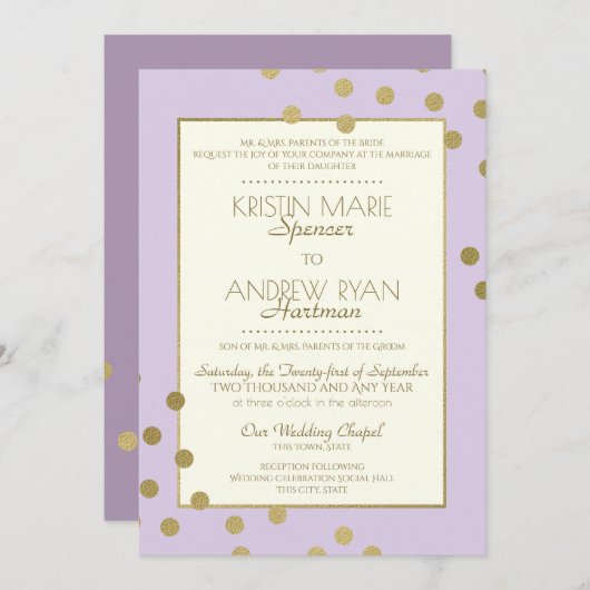 Invitation Gold Confetti Dots Lavender Mariage de célébration (Devant / Derrière)