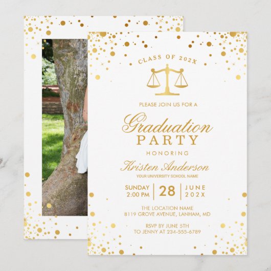 Invitation Gold Confetti Dots Law School Graduation Party (Devant / Derrière)