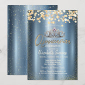 Invitation Gold Confetti Dots,Tiara Blue Metallic Quinceañera (Devant / Derrière)
