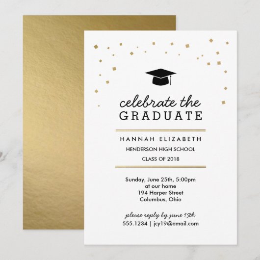 Invitation Gold Confetti et Casquette Modern Graduation Invit (Devant / Derrière)