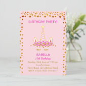 Invitation Gold Confetti et Unicorn sur rose 15e anniversaire (Debout devant)