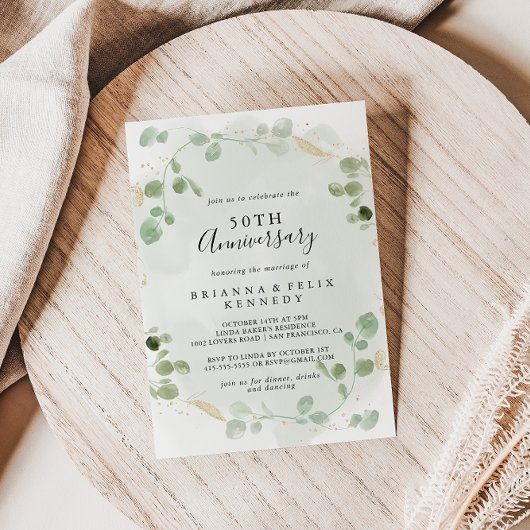 Invitation Gold Confetti Eucalyptus 50e anniversaire Mariage