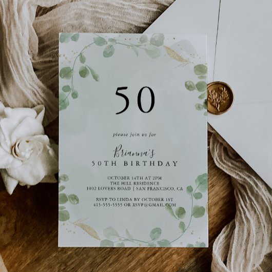 Invitation Gold Confetti Eucalyptus 50e fête d'anniversaire