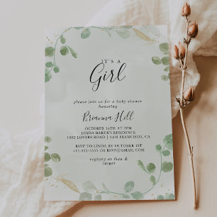 Invitation Gold Confetti Eucalyptus C'est un Baby shower fémi