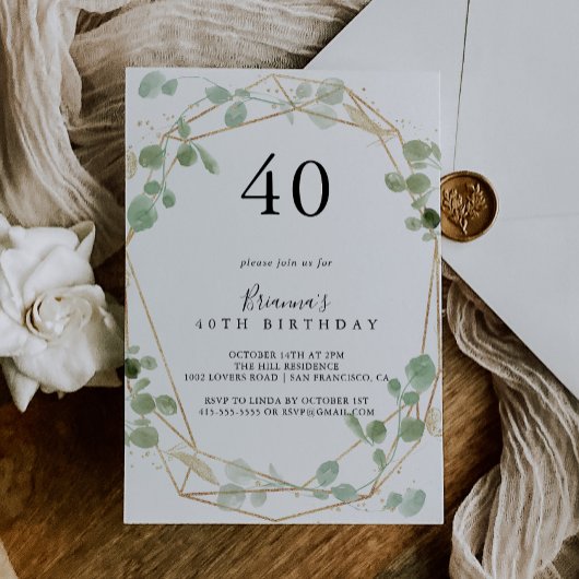 Invitation Gold Confetti Eucalyptus fête de 40e anniversaire