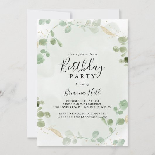 Invitation Gold Confetti Eucalyptus Foliage fête d'anniversai (Devant)