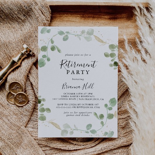 Invitation Gold Confetti Eucalyptus Foliage Parti de retraite