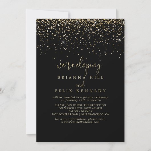 Invitation Gold Confetti Fancy Script Elopeption (Devant)