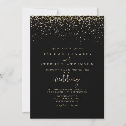 Invitation Gold Confetti Fancy Script Mariage avant et arrièr (Devant)