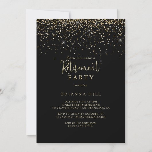 Invitation Gold Confetti Fancy Script Retraite Party (Devant)