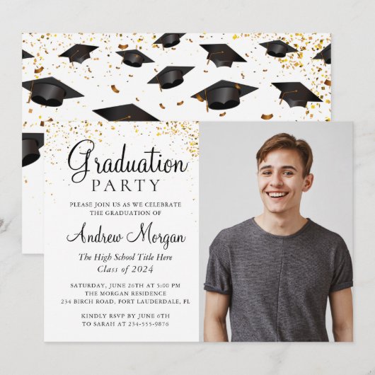 Invitation Gold confetti Graduate Caps Photo (Devant / Derrière)