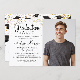 Invitation Gold confetti Graduate Caps Photo