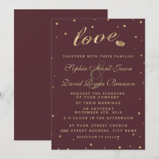 Invitation Gold Confetti Love Mariage Bourgogne Inviter (Devant / Derrière)