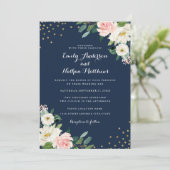 Invitation Gold Confetti Marine rose Mariage floral (Debout devant)