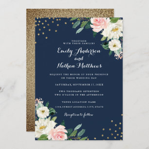 Invitation Gold Confetti Marine rose Mariage floral