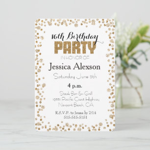 Invitation Gold Confetti Parties scintillant 16e anniversaire