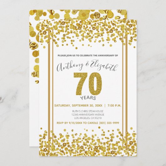 Invitation Gold Confetti Parties scintillant-Style 70e annive (Devant / Derrière)