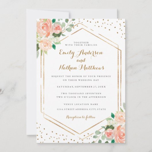 Invitation Gold Confetti Peach aquarelle Mariage floral (Devant)