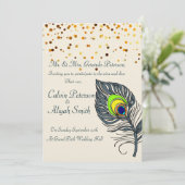 Invitation Gold Confetti Peacock Feathes Mariage (Debout devant)
