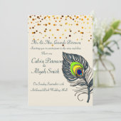 Invitation Gold Confetti Peacock Feathes Mariage (Debout devant)