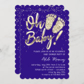 Invitation Gold Confetti Pieds Baby shower Script Bleu (Devant / Derrière)