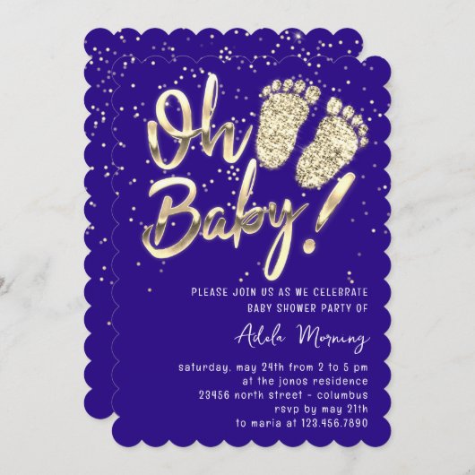 Invitation Gold Confetti Pieds Baby shower Script Bleu (Devant / Derrière)
