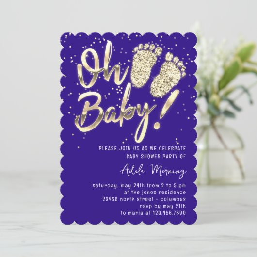 Invitation Gold Confetti Pieds Baby shower Script Bleu (Debout devant)