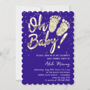 Invitation Gold Confetti Pieds Baby shower Script Bleu