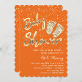 Invitation Gold Confetti Pieds Baby shower Script Orange (Devant / Derrière)