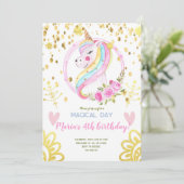 Invitation Gold Confetti Rainbow Unicorn visage Anniversaire (Debout devant)