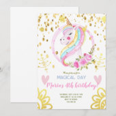 Invitation Gold Confetti Rainbow Unicorn visage Anniversaire (Devant / Derrière)