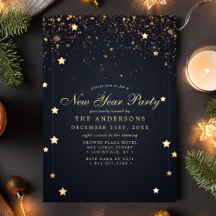 Invitation Gold Confetti Stars Marine Bleu Nouvel An Party