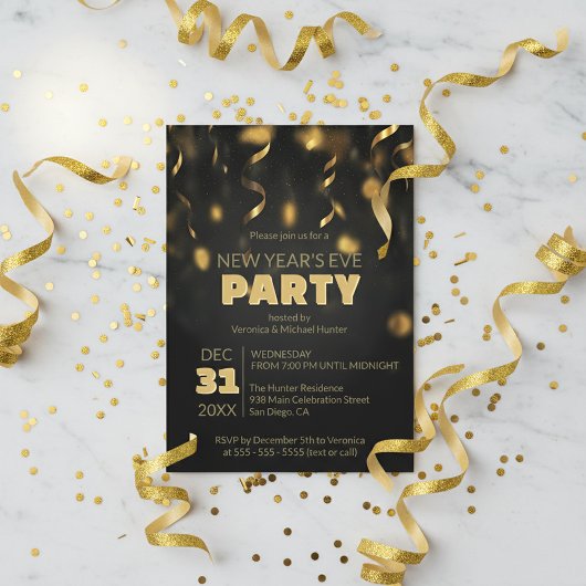 Invitation Gold Confetti Streamers Black New Year's Eve Party