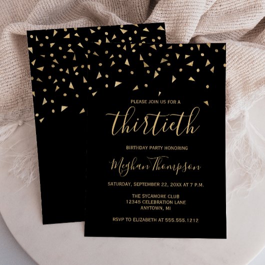 Invitation Gold Confetti sur Black 30th Birthday Party