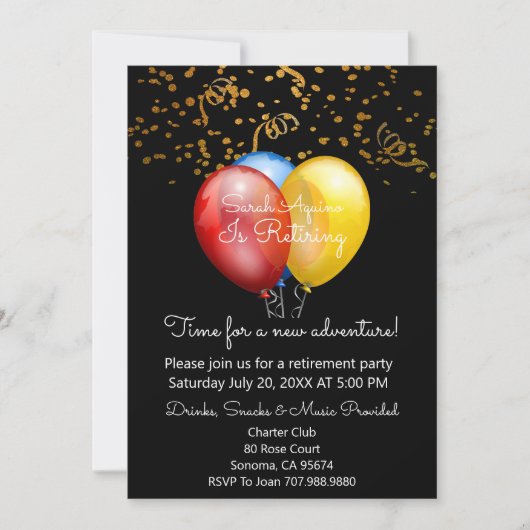 Invitation Gold Confetti sur Black & Balloons Retraite Party (Devant)