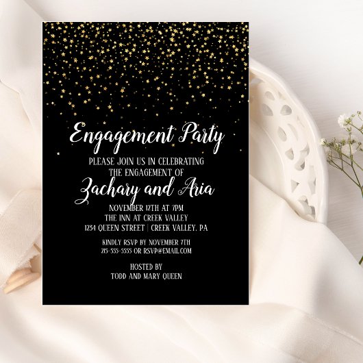 Invitation Gold Confetti sur Black Engagement Party