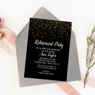 Invitation Gold Confetti sur Black Retirement Party